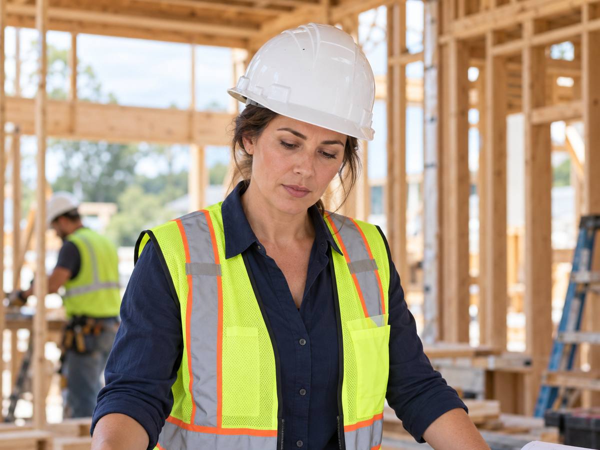 A construction supervisor in a hard hat reviewing rolled plans on site
