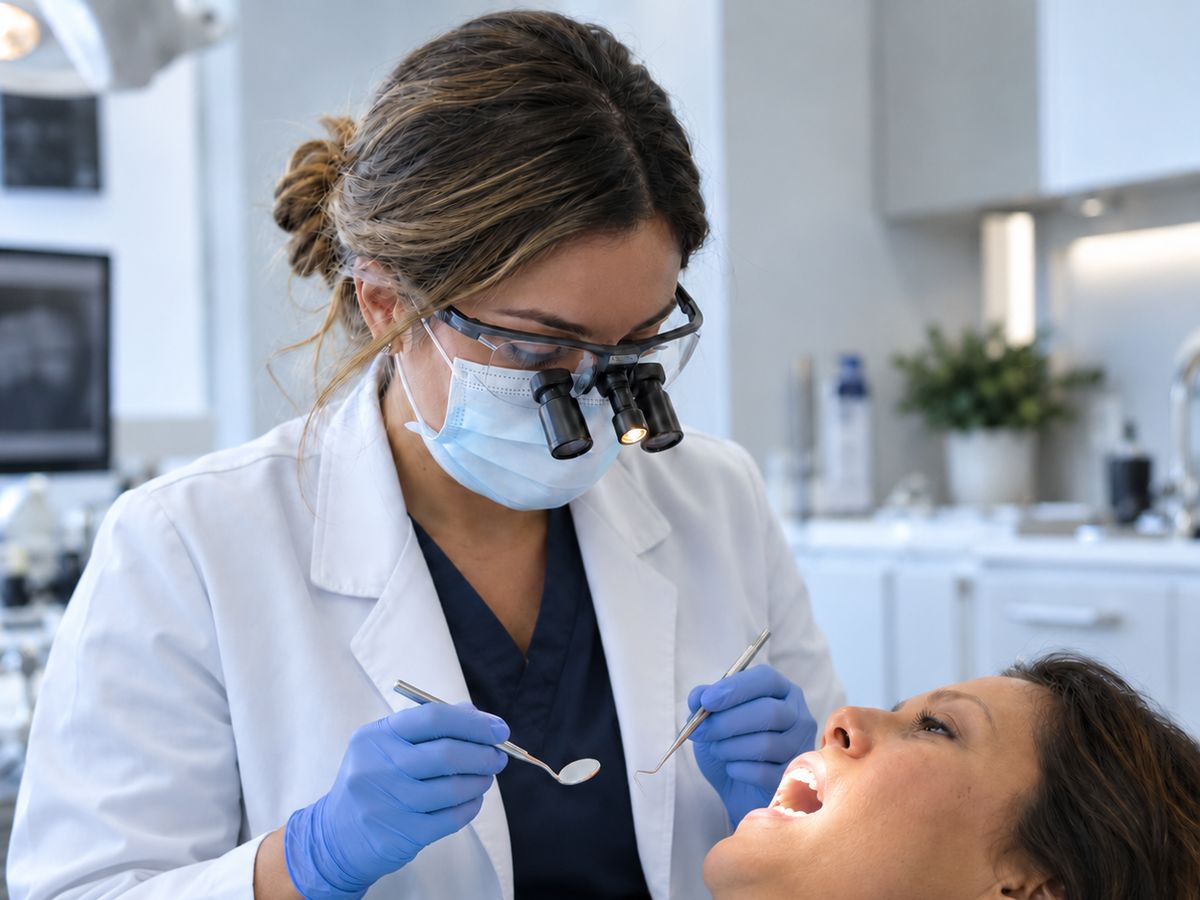 A dentist in loupes treating a patient