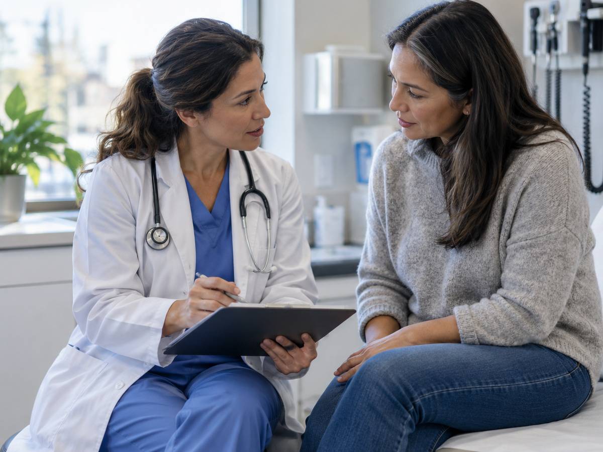 A doctor with a tablet talking with a patient in an exam room