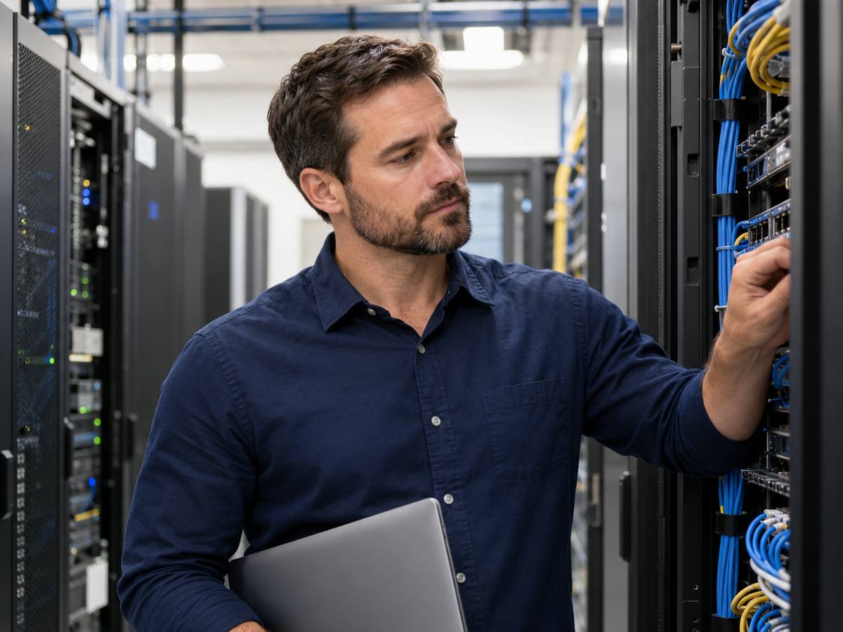 An IT director with a laptop inspecting a network rack