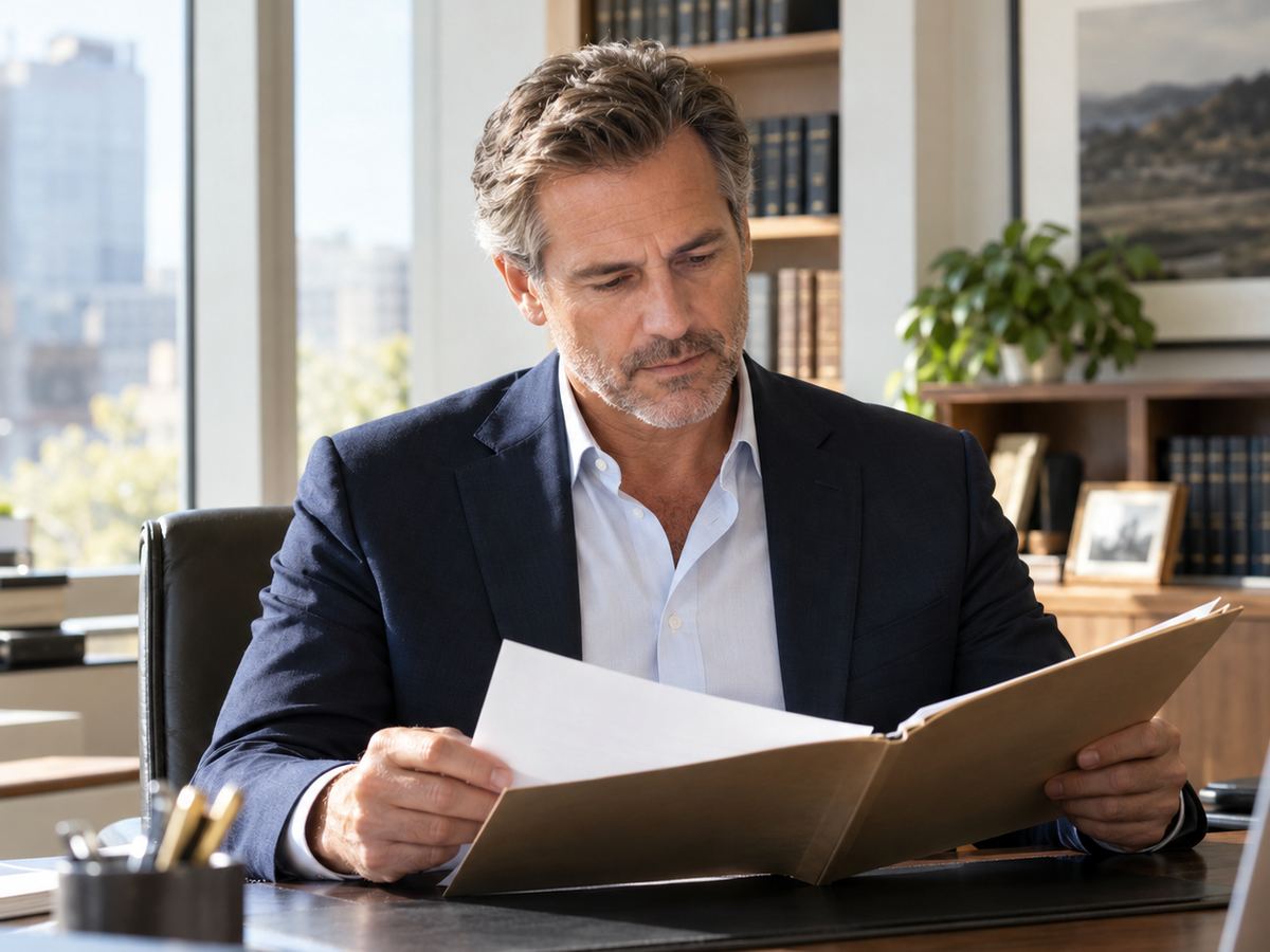 A law partner reviewing an open folder