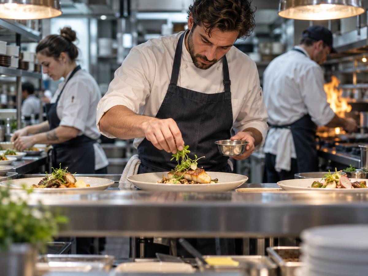 A chef plating food at the pass in a restaurant kitchen