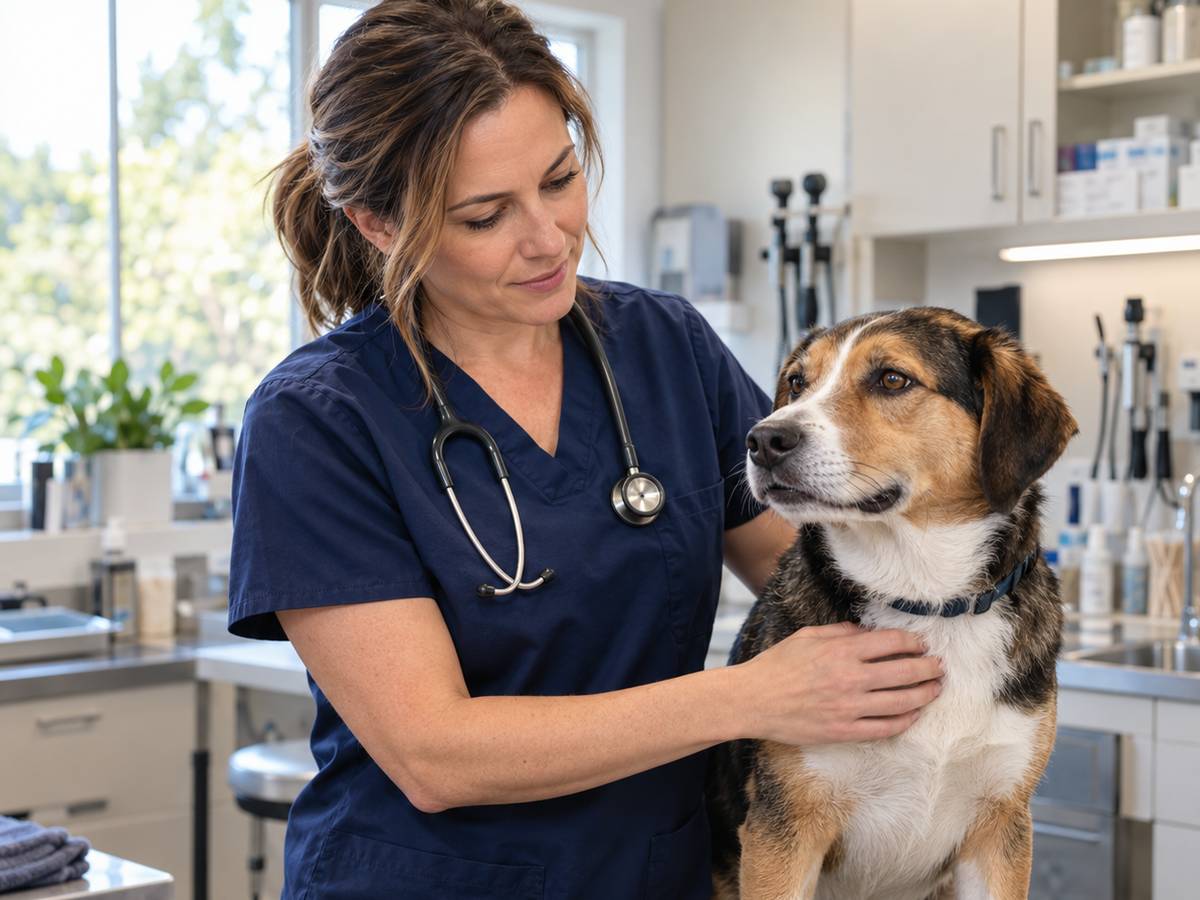 A veterinarian examining a calm dog