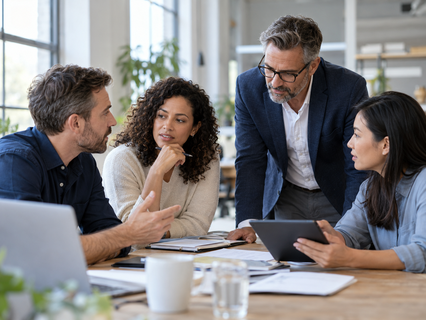 A team discussing audience strategy around a table